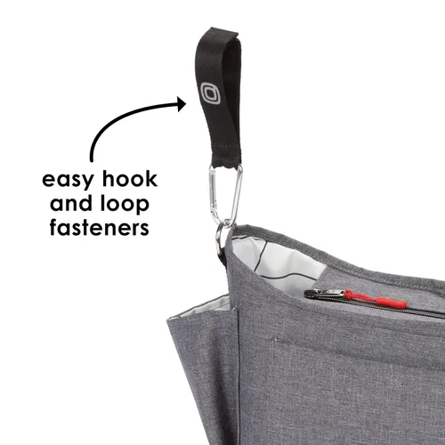 Vista 8 de Organizador universal para cochecito Diono Buggy Buddy XL con portavasos, sujeción segura, bolsillos con cremallera, seguro y protegido, gris