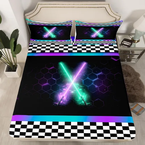 Vista 11 de Manfei Juego de sábanas bajeras de panal de galaxia, tamaño individual, 2 piezas, estampado geométrico hexagonal, funda de cama de cielo estrellado