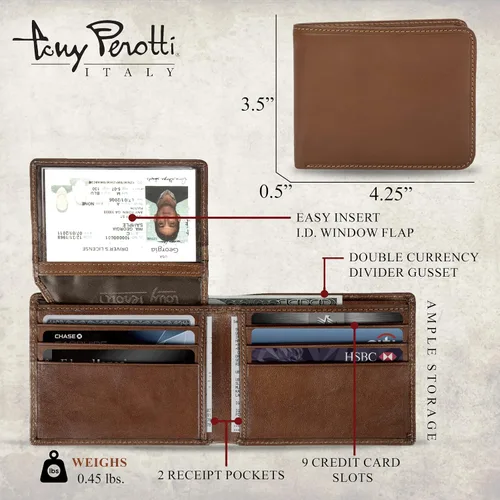 Vista 2 de Tony Perotti Men's Italian Leather Bifold Wallet With ID Window Flap, Card Holders, Pockets - Eco-Friendly Vegetable-Tanned