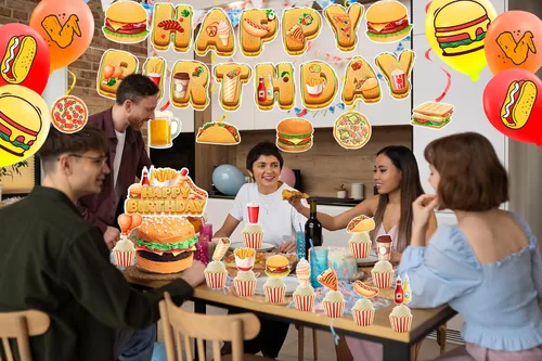 Vista 8 de Decoraciones de fiesta de comida rápida, papas fritas, pizza, hamburguesa, pollo frito, hot dog, suministros de fiesta, incluye pancarta
