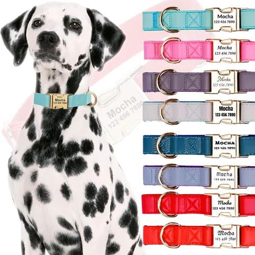 Vista 12 de Custom Large Dog Collar Solid Color Personalized Pet Collar Leather & Nylon Puppy Dogs ID Collars Engraved Name for Small Medium Large Dog