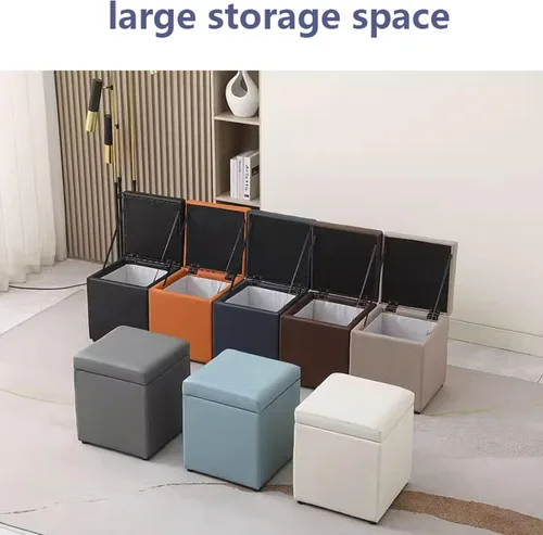 Vista 6 de Taburete reposapiés con marco de madera, otomana moderna tapizada de cuero mate, taburete acolchado con acento para sala de estar, dormitorio, baño
