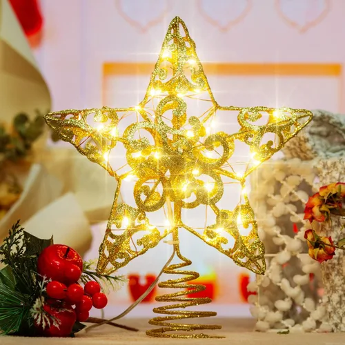 Vista 7 de Decoración de estrella para árbol de Navidad, decoración de estrella para árbol de Navidad con 40 luces LED y control remoto, 8 modos