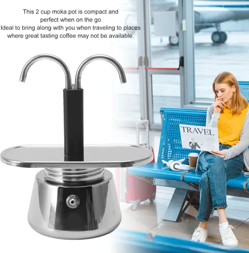 Vista 4 de 2 tazas 3.4 fl oz pote, doble cafetera de acero inoxidable, cafetera de doble canalón, puede hacer auténtico café Itan