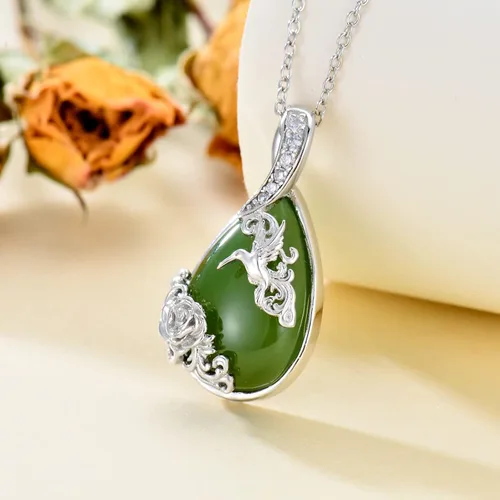 Vista 6 de JKR Teardrop Green Jade Pendant Necklace Hummingbird Dragonfly and Lotus Rose Jewelry Mother's Day Jewelry GIfts for Women Mom Girls Birthday
