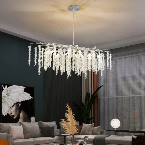 Vista 7 de Candelabro Rectangular Moderno de Ramas de Árbol de Cristal, L40'' Plata Lineal Art Deco Gota de Lluvia Lámpara Colgante Interior para Isla