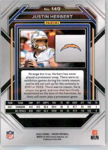Vista 2 de 2022 Panini Prizm Football #149 Justin Herbert Los Angeles Chargers Official NFL Trading Card