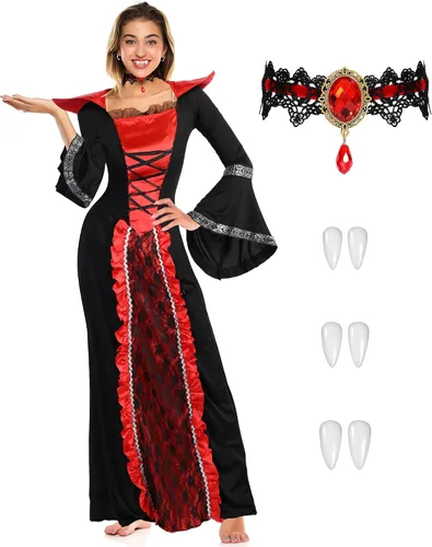 Vista 2 de Xtinmee Juego de 5 piezas de disfraz de vampiro real para niñas, fiesta temática de vampiro, victoriana, reina de vampiro, juego de rol, fiesta
