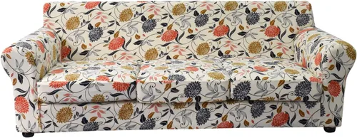 Vista 26 de KRFOONN Funda de sofá de 4 piezas con estampado para sofás de 3 cojines, funda elástica con 3 fundas de cojín separadas, protector de muebles