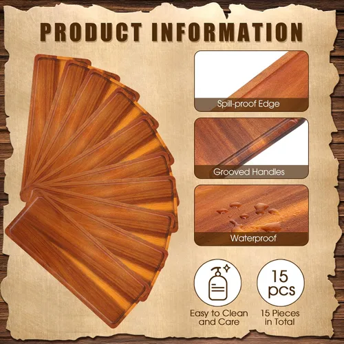 Vista 3 de Skylety Paquete de 15 bandejas de madera maciza para servir grandes de acacia para fiestas, tablero rectangular de charcutería con mango ranurado