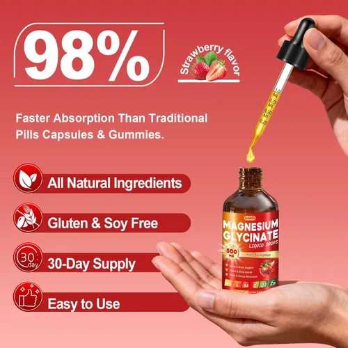 Vista 4 de Gotas líquidas de glicinato de magnesio de 500 mg – Alta absorción con vitamina B6, D3, C, zinc – Apoya el estado de ánimo, sueño, corazón y salud