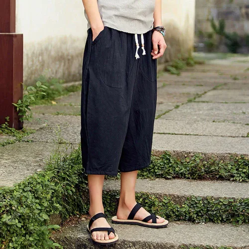 Vista 3 de Pantalones de harén de algodón y lino para hombre, estilo casual, holgados, para la playa, pantalones cortos largos por debajo de la rodilla