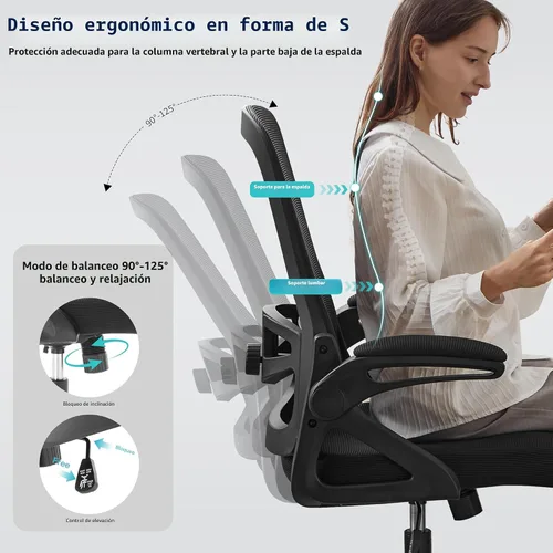 Vista 4 de Silla de oficina ergonómica con soporte lumbar ajustable Negro