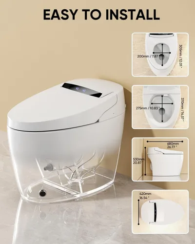 Vista 7 de Inodoro inteligente con bidé integrado con rociador de agua caliente y secadora, funcionamiento del sensor de pie, asiento calefactado con pantalla