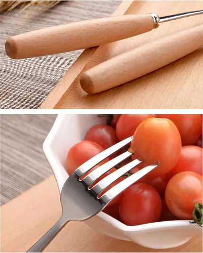 Vista 5 de Muka Juego de 3 cubiertos reutilizables con mango de madera con estuche y mango de madera