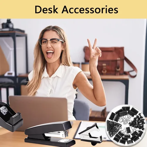 Vista 4 de Suministros de oficina, accesorios de escritorio negros, juego de suministros de oficina, juego de grapadora y dispensador de cinta, tijeras