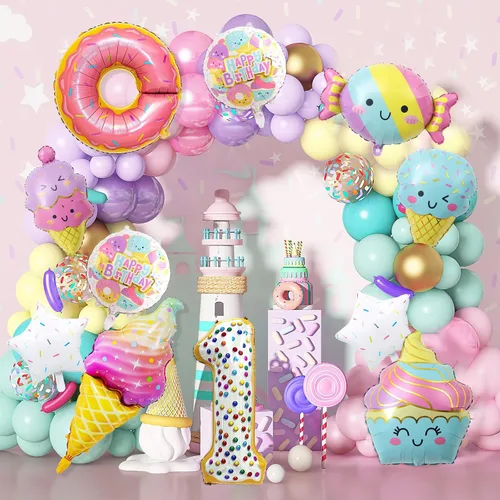 Vista 4 de 10 globos de helado, globos de papel de aluminio Mylar con número de dona de caramelo, temática de helado, suministros de fiesta de primer cumpleaños