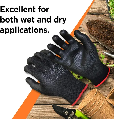 Vista 3 de WOLF Guantes de trabajo con palma recubierta de poliuretano y carcasa de nylon, para construcción, mecánica, almacén, trabajo de jardinería, trabajo