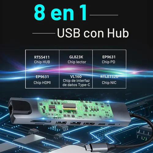Vista 4 de AnHome Adaptador USB C Hub Ethernet HDMI 4K, 8 en 1 multipuerto Dock USB-C a RJ45 Ethernet USB 3.0 SD/TF lector de tarjetas SD/TF de 87 W PD puerto
