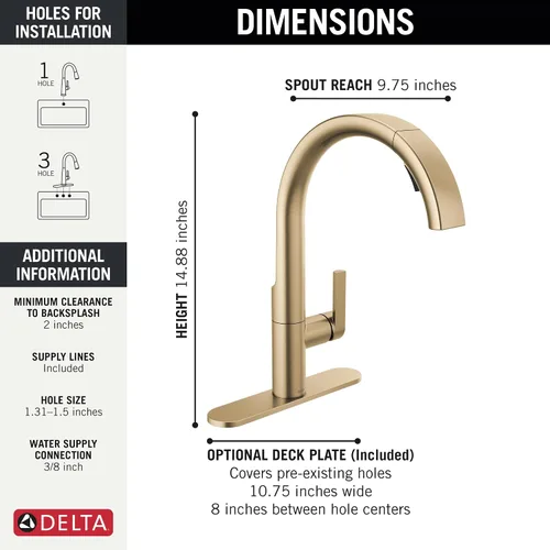 Vista 4 de Delta Keele Grifo de cocina dorado cepillado con pulverizador extraíble, grifo de cocina de un solo agujero dorado cepillado moderno, manija única