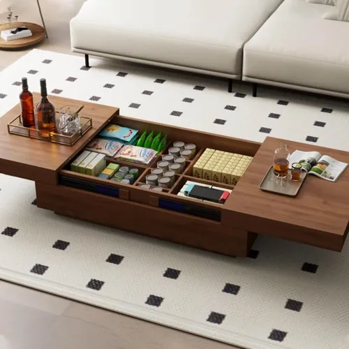 Vista 4 de Mesa de centro expandible de mediados de siglo con almacenamiento – Mesa central ajustable de 47.2"-81.9" para la sala de estar, acabado en madera