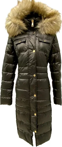 Vista 6 de Laundry by Shelli Segal womens Quilted Puffer Coat with Faux Fur-Trimmed Hood & Fit-and-Flare Waist Hueso