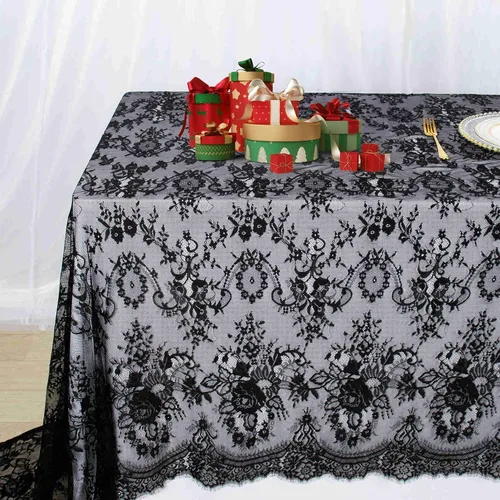 Vista 7 de Mantel de encaje rectangular de 60 x 120 pulgadas, mantel clásico de encaje vintage con superposición de encaje negro para suministros de fiesta