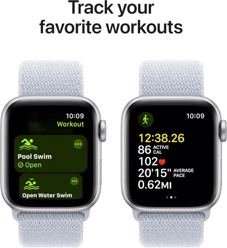Vista 5 de Apple Watch SE (2.ª generación) [GPS 1.575 in] Smartwatch con caja de aluminio plateado con bucle deportivo azul invierno. Monitor de fitness