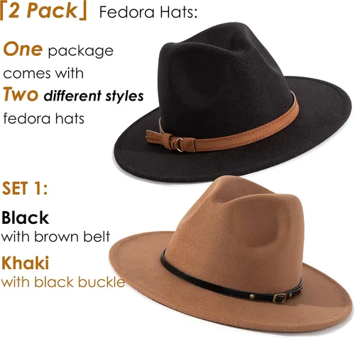 Vista 4 de Lisianthus Paquete de 2 Sombreros Fedora Clásicos de Ala Ancha con Hebilla de Cinturón para Hombre y Mujer Conjunto 1