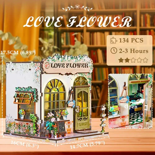 Vista 6 de Kit de rincón de libros – Kit de casa en miniatura de bricolaje con luz LED, rompecabezas de madera 3D, decoración de estantería estilo floristería