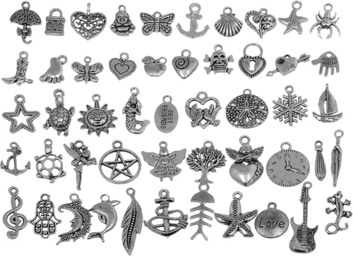 Vista 6 de RUBYCA 50 dijes de plata mixta a granel para hacer joyas, pulseras, colgantes pequeños para collares, color plateado envejecido, como en la imagen