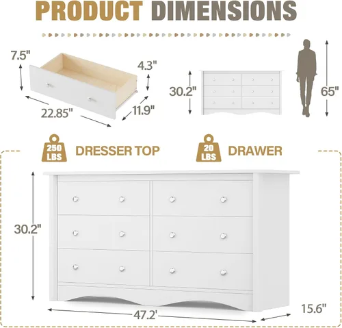 Vista 2 de YESHOMY Cómoda blanca para dormitorio, 47.2 pulgadas, 6 cajones moderna de Blanco