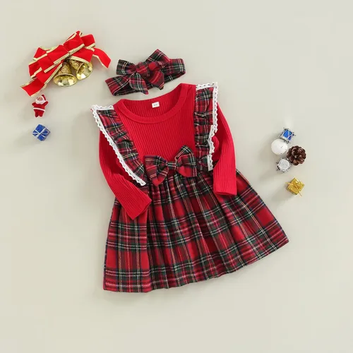 Vista 3 de Trajes de Navidad para niñas pequeñas, vestido de manga larga, falda vintage de encaje de una pieza, vestido de fiesta de terciopelo rojo, vestido