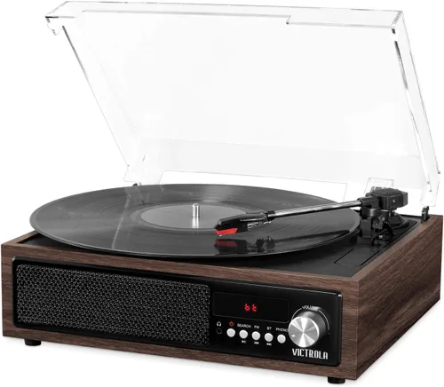 Vista 3 de Victrola Tocadiscos Bluetooth 3 en 1 con altavoces integrados y tocadiscos de 3 velocidades, negro (VTA-67)