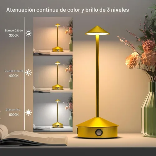 Vista 3 de Juego de 2 lámparas de mesa inalámbricas, lámpara de escritorio LED portátil, funciona con batería de 6000 mAh, lámpara recargable de 3 niveles