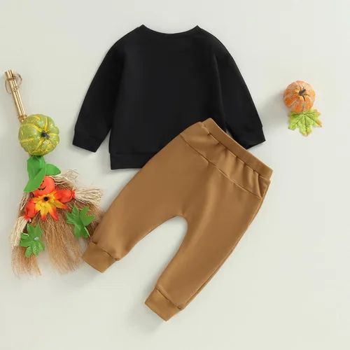 Vista 6 de LZCYILANXIULSL Conjunto de Halloween para bebé niño y niño, sudadera de manga larga con diseño de fantasmacalabaza + pantalones de tablero