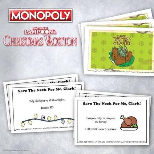 Vista 8 de Monopoly Vacaciones de Navidad de National Lampoons, con fichas temáticas de ardilla, taza de ponche de huevo, motosierra y más, 2-6 jugadores
