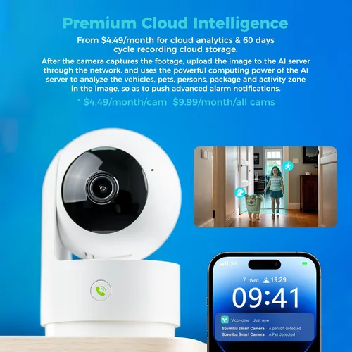 Vista 5 de Vicohome - Cámara de seguridad para interiores 2K, enchufe, seguimiento AI, grabación 24/7, monitor de mascota/bebé, visión panorámica/inclinación