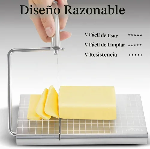 Vista 5 de Cortador de queso de acero inoxidable con 10 cables de repuesto, cortador de queso metálico y tabla de corte - Para queso de bloque