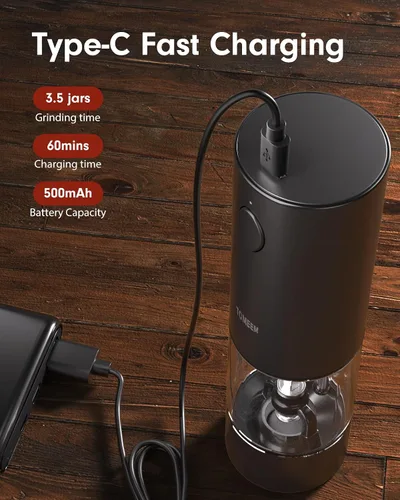Vista 3 de TOMEEM Juego de molinillo eléctrico de sal y pimienta de mayor capacidad, recargable con luces LED, molinillo automático de pimienta y sal de acero
