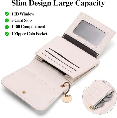 Vista 2 de SENDEFN Carteras pequeñas para tarjetas de crédito para mujer, llavero de cuero con bloqueo RFID, bolsillo con cremallera de tres pliegues, monedero
