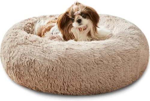Vista 33 de Cama calmante para perros y gatos, cama antiansiedad, de felpa, con forma de dona, redonda, acolchada, de piel sintética, suave y esponjosa