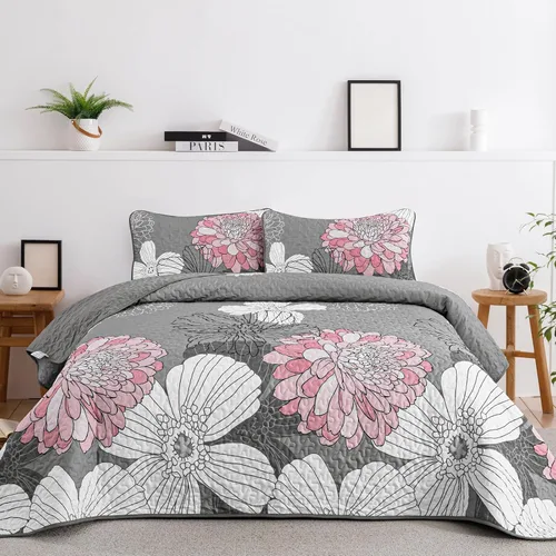 Vista 18 de Anibedding Juego de edredón floral gris y rosa, tamaño Queen, 3 piezas Gris/Rosa