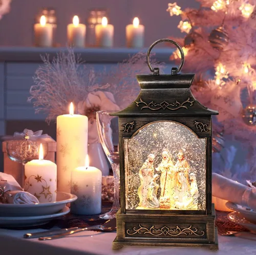 Vista 3 de Farol musical de Navidad con diseño de globo de nieve – Natividad escena de agua globo de nieve brillante portátil colgante de mesa linterna