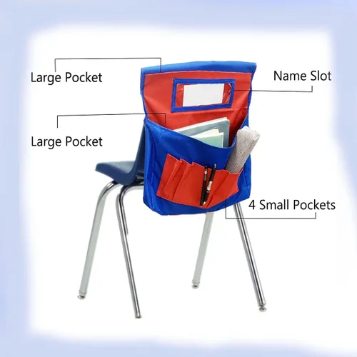 Vista 3 de 5 bolsillos organizadores para silla con ranura para etiqueta de nombre, bolsa de almacenamiento colgante para asiento de aula para niños