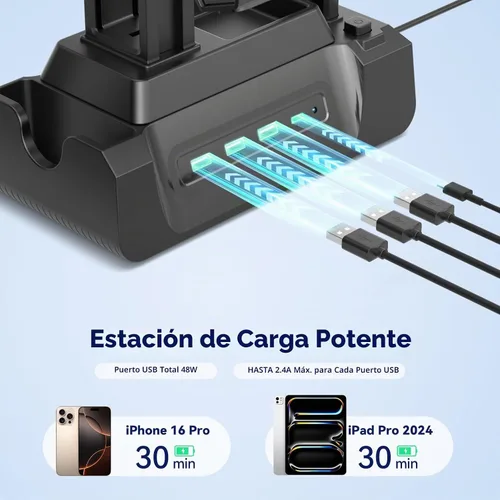 Vista 3 de KDD Estación de carga para múltiples dispositivos - Base de carga de 4 puertos con controlador y soporte para auriculares - 3 USB A y 1 USB C