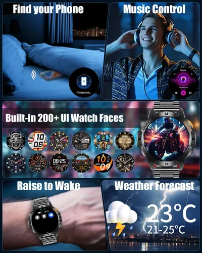 Vista 9 de Relojes inteligentes militares para hombres con llamada Bluetooth, reloj inteligente impermeable AMOLED de 1.43" con linterna, 111 modos deportivos
