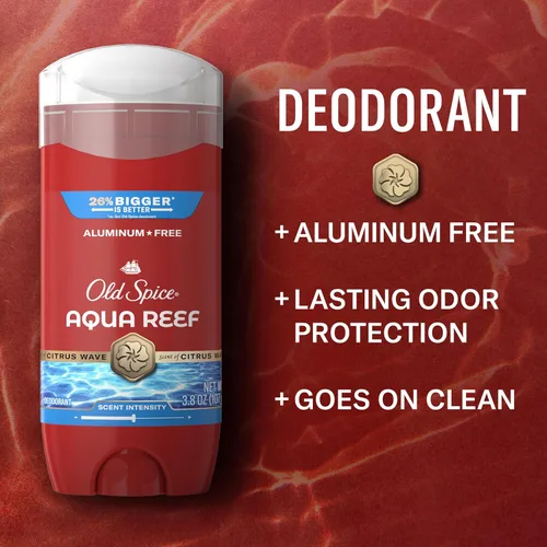 Vista 2 de Old Spice Desodorante sin aluminio para hombres, protección contra olores 24/7, frescura 24/7 y aroma duradero, Aqua Reef con aroma a ciprés, 3.8