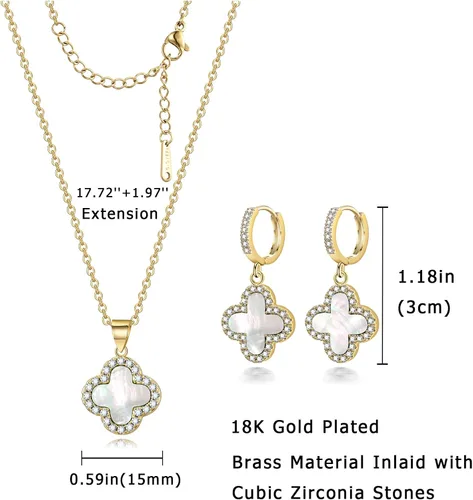 Vista 2 de Juego de trébol de la suerte, collar de trébol y aretes de aro, colgante negro, blanco, verde, chapado en oro de 18 quilates, joyería linda de moda