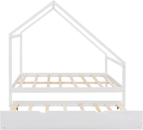 Vista 6 de Cama de casa de tamaño matrimonial con cama nido de tamaño individual, marco de sofá cama de madera maciza con techo, se puede decorar, marco
